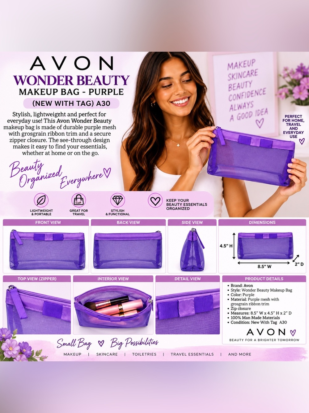 AVON WONDER BEAUTY MAKEUP BAG - PURPLE (NEW WITH TAG) A30